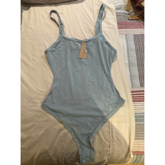 SKIMS Tops - SKIMS summer mesh thong bodysuit sky blue NWT size large sheer kim k women’s